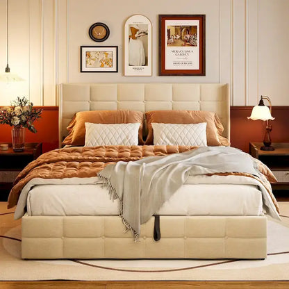 Lit coffre relevable double/queen avec rangement intégré, cadre de lit plateforme rembourré avec tête de lit moderne à oreilles