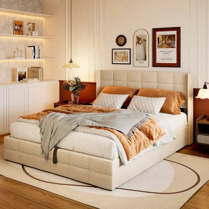 Lit coffre relevable double/queen avec rangement intégré, cadre de lit plateforme rembourré avec tête de lit moderne à oreilles