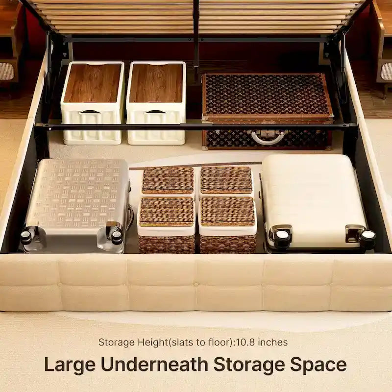 Lit coffre relevable double/queen avec rangement intégré, cadre de lit plateforme rembourré avec tête de lit moderne à oreilles