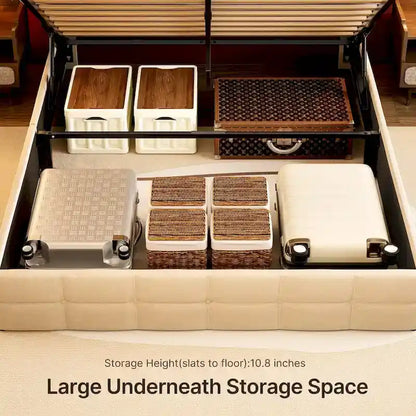 Lit coffre relevable double/queen avec rangement intégré, cadre de lit plateforme rembourré avec tête de lit moderne à oreilles