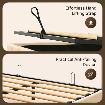 Lit coffre relevable double/queen avec rangement intégré, cadre de lit plateforme rembourré avec tête de lit moderne à oreilles