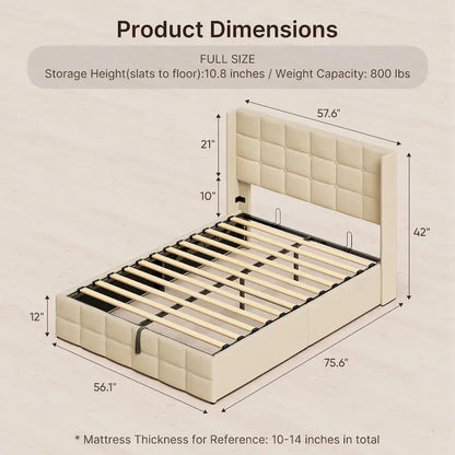 Lit coffre relevable double/queen avec rangement intégré, cadre de lit plateforme rembourré avec tête de lit moderne à oreilles