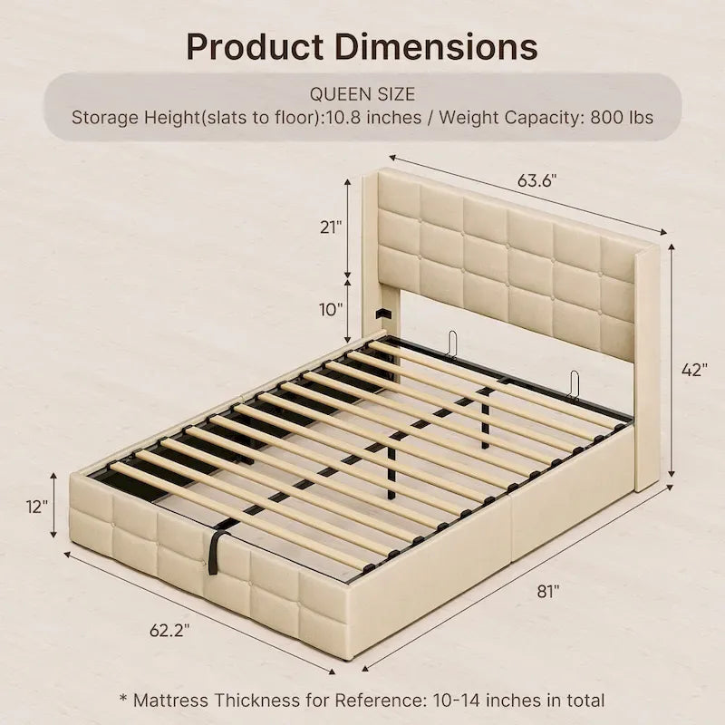 Lit coffre relevable double/queen avec rangement intégré, cadre de lit plateforme rembourré avec tête de lit moderne à oreilles