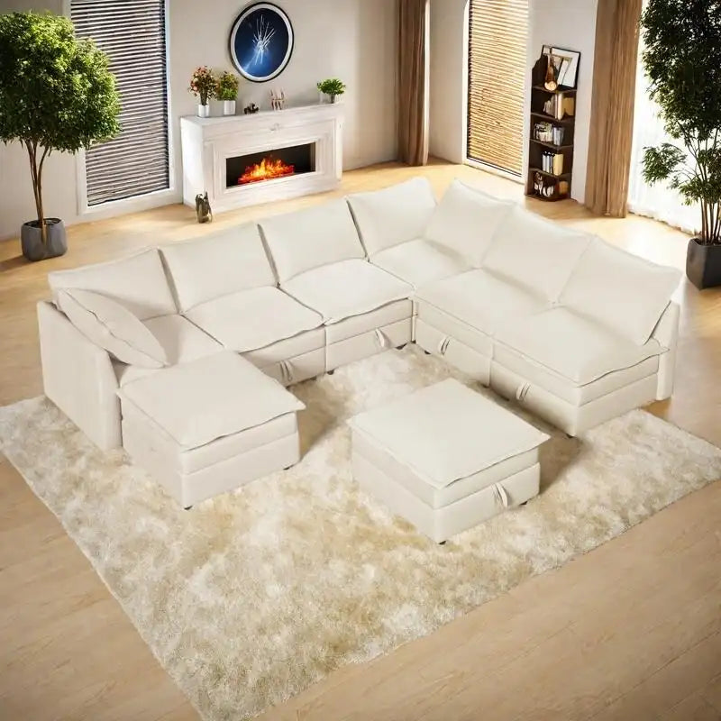 Canapé-lit modulaire 8 pièces en polyester 126 avec rangement, coussins double couche imitation tissu et configuration personnalisable