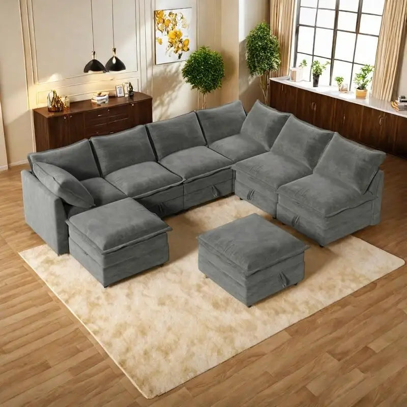 Canapé-lit modulaire 8 pièces en polyester 126 avec rangement, coussins double couche imitation tissu et configuration personnalisable