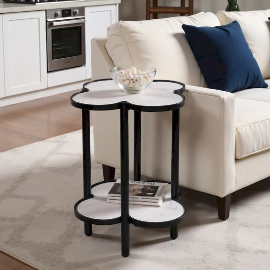 Table d'appoint Chloé, plateau en marbre blanc véritable en forme de trèfle, structure en fer noir