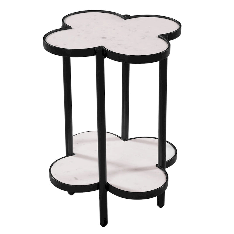 Table d'appoint Chloé, plateau en marbre blanc véritable en forme de trèfle, structure en fer noir