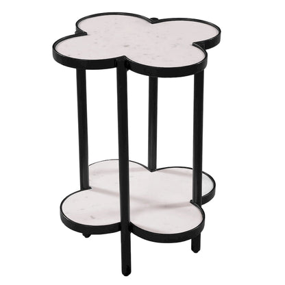 Table d'appoint Chloé, plateau en marbre blanc véritable en forme de trèfle, structure en fer noir