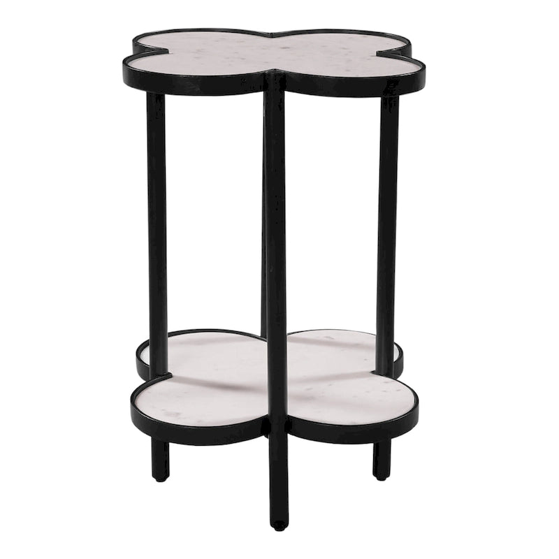 Table d'appoint Chloé, plateau en marbre blanc véritable en forme de trèfle, structure en fer noir
