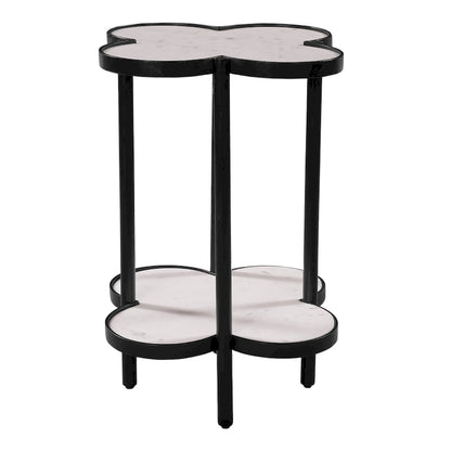Table d'appoint Chloé, plateau en marbre blanc véritable en forme de trèfle, structure en fer noir