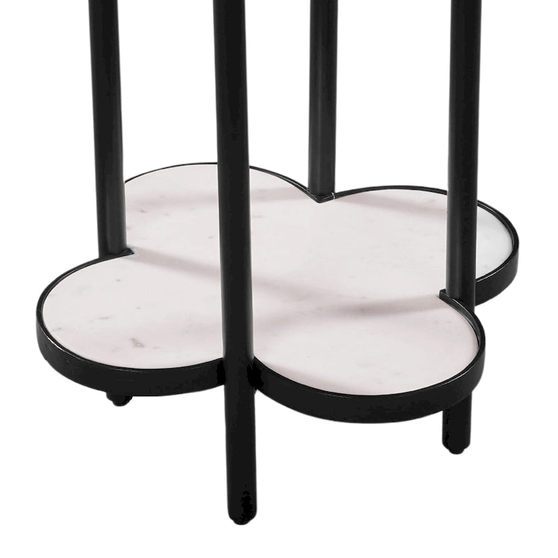 Table d'appoint Chloé, plateau en marbre blanc véritable en forme de trèfle, structure en fer noir