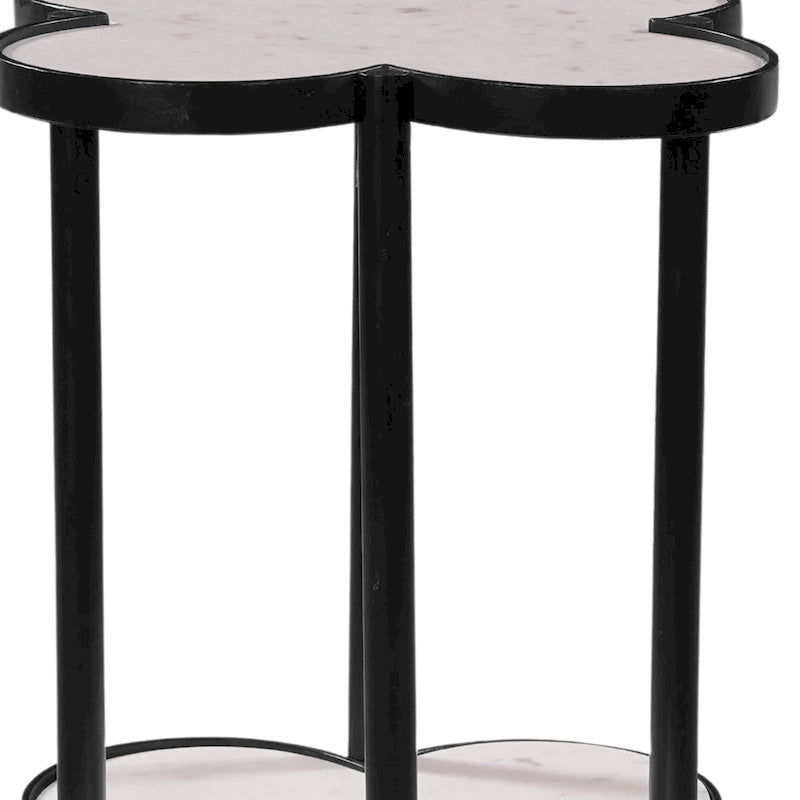 Table d'appoint Chloé, plateau en marbre blanc véritable en forme de trèfle, structure en fer noir