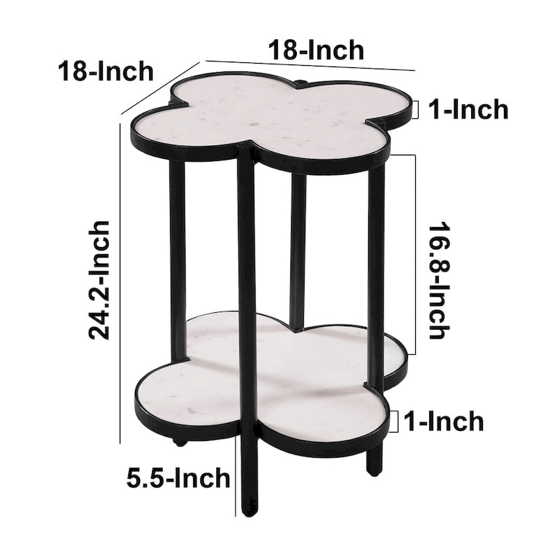 Table d'appoint Chloé, plateau en marbre blanc véritable en forme de trèfle, structure en fer noir