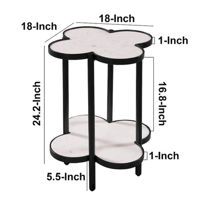 Table d'appoint Chloé, plateau en marbre blanc véritable en forme de trèfle, structure en fer noir