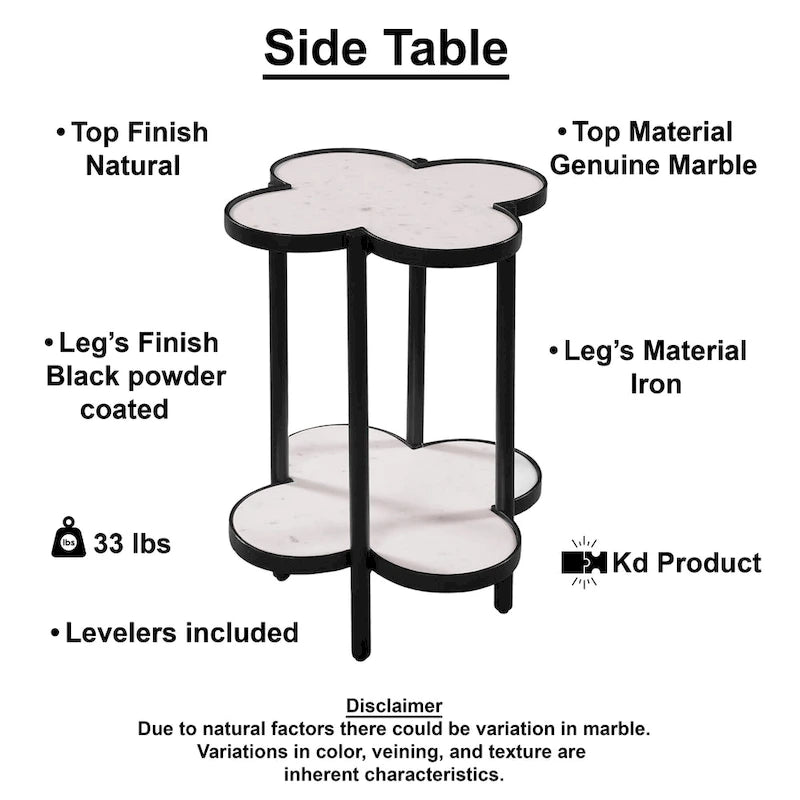 Table d'appoint Chloé, plateau en marbre blanc véritable en forme de trèfle, structure en fer noir