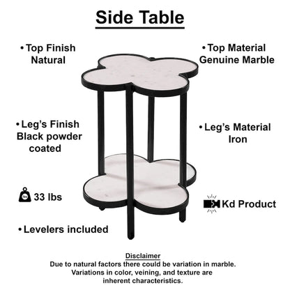 Table d'appoint Chloé, plateau en marbre blanc véritable en forme de trèfle, structure en fer noir