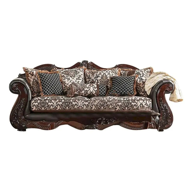 Ensemble canapé et causeuse 2 pièces Ammy, similicuir marron foncé, 5 coussins décoratifs