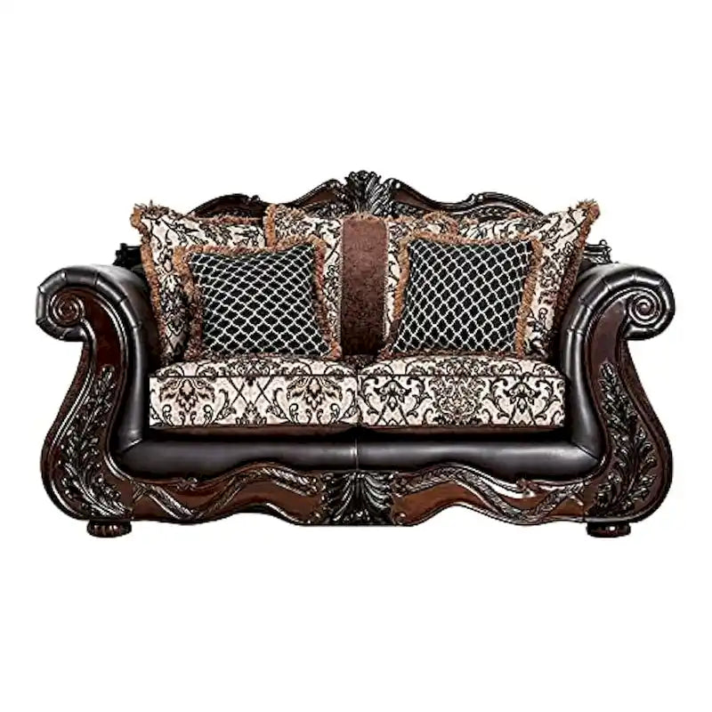 Ensemble canapé et causeuse 2 pièces Ammy, similicuir marron foncé, 5 coussins décoratifs