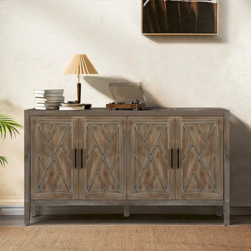 Meuble d'appoint de style ferme moderne de 60 pouces avec 4 portes et étagère réglable