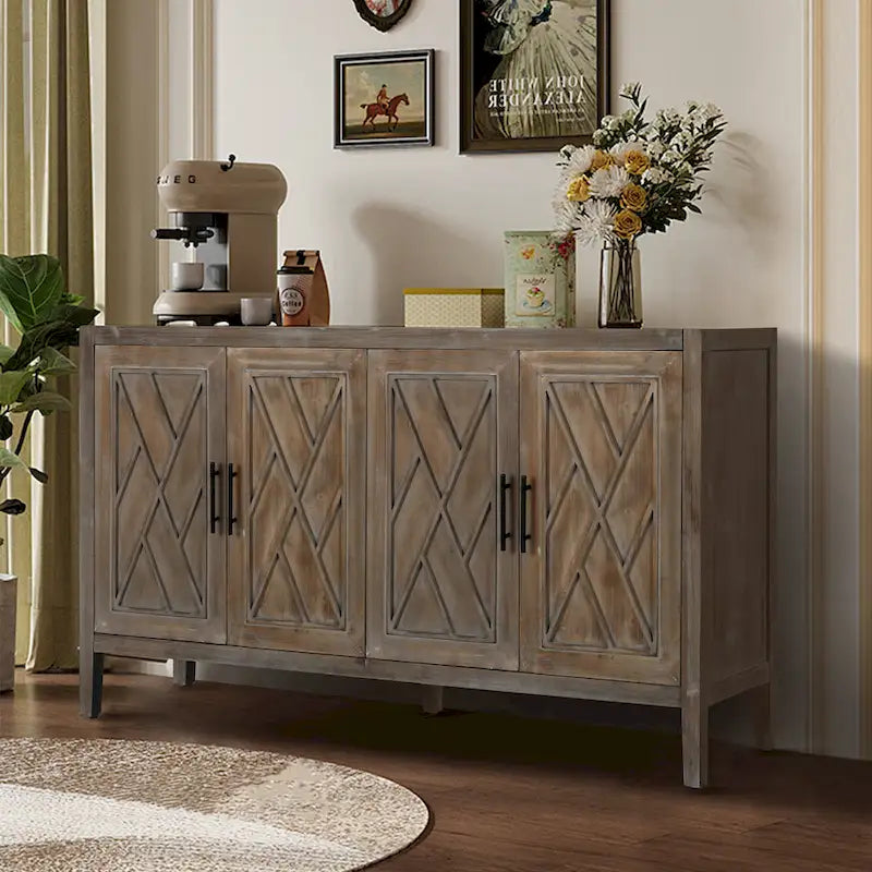Meuble d'appoint de style ferme moderne de 60 pouces avec 4 portes et étagère réglable