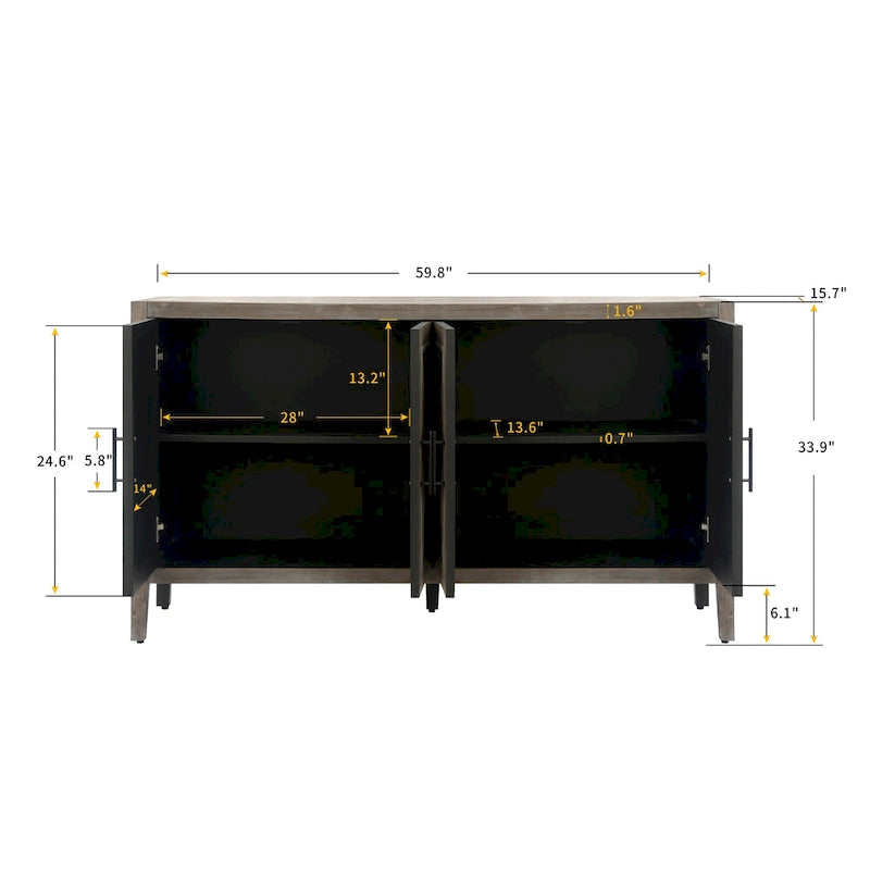 Meuble d'appoint de style ferme moderne de 60 pouces avec 4 portes et étagère réglable