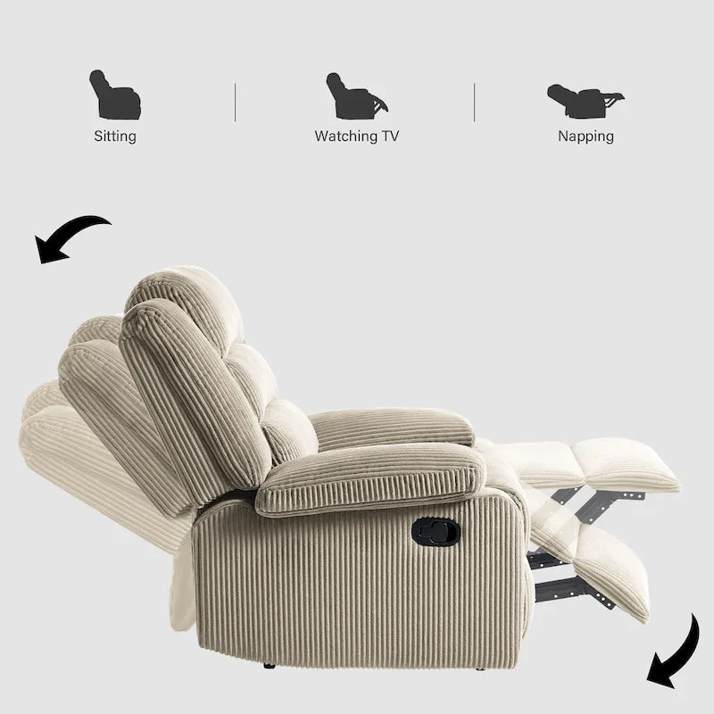 Fauteuil inclinable manuel moderne en velours côtelé, fauteuil inclinable réglable avec larges accoudoirs