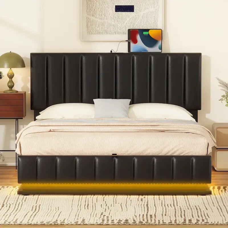 Lit plateforme relevable avec rangement intégré, lit bas revêtu de cuir PU avec télécommande, éclairage LED, prises et ports USB