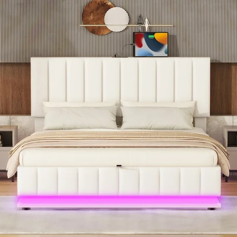 Lit plateforme relevable avec rangement intégré, lit bas revêtu de cuir PU avec télécommande, éclairage LED, prises et ports USB