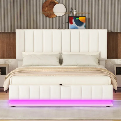 Lit plateforme relevable avec rangement intégré, lit bas revêtu de cuir PU avec télécommande, éclairage LED, prises et ports USB