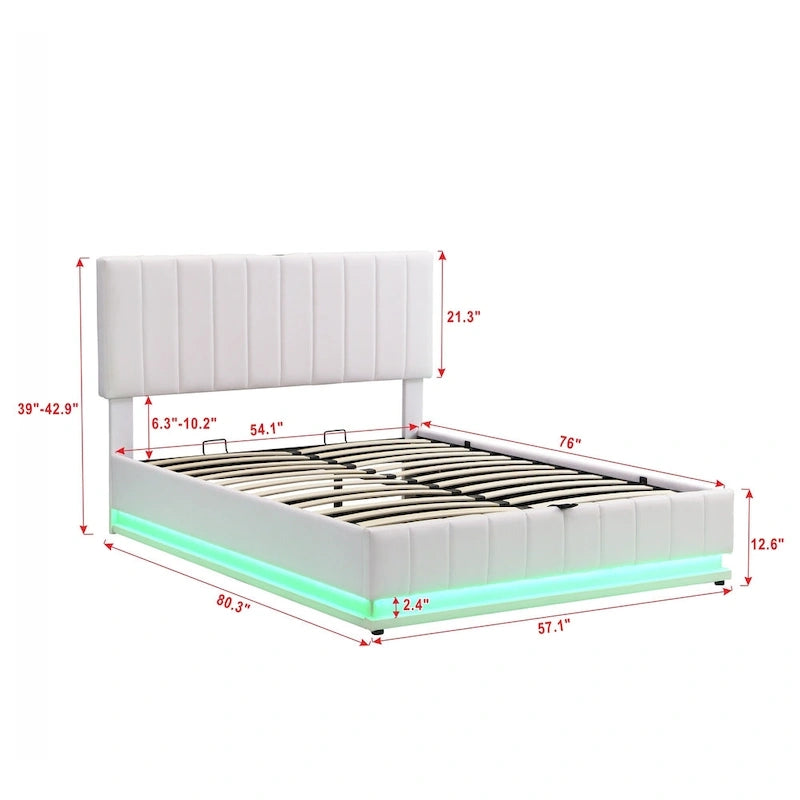 Lit plateforme relevable avec rangement intégré, lit bas revêtu de cuir PU avec télécommande, éclairage LED, prises et ports USB
