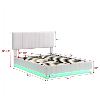 Lit plateforme relevable avec rangement intégré, lit bas revêtu de cuir PU avec télécommande, éclairage LED, prises et ports USB