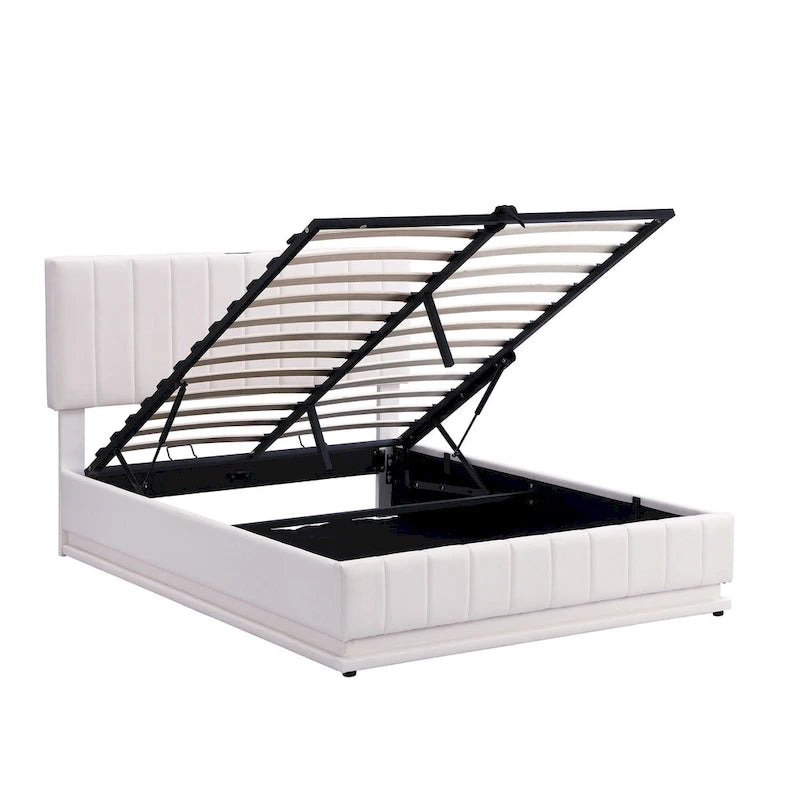 Lit plateforme relevable avec rangement intégré, lit bas revêtu de cuir PU avec télécommande, éclairage LED, prises et ports USB