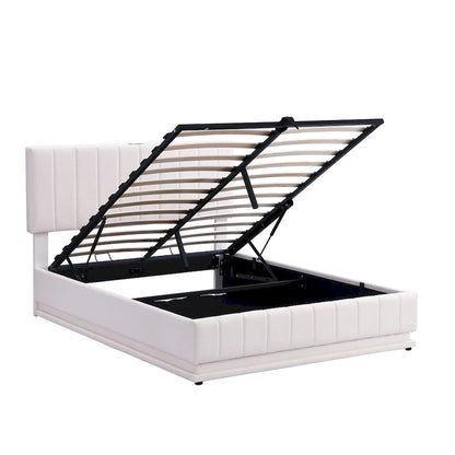 Lit plateforme relevable avec rangement intégré, lit bas revêtu de cuir PU avec télécommande, éclairage LED, prises et ports USB