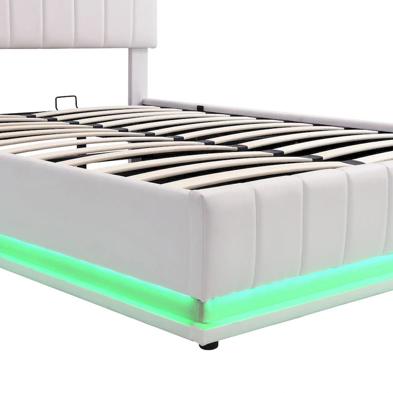 Lit plateforme relevable avec rangement intégré, lit bas revêtu de cuir PU avec télécommande, éclairage LED, prises et ports USB