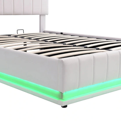 Lit plateforme relevable avec rangement intégré, lit bas revêtu de cuir PU avec télécommande, éclairage LED, prises et ports USB