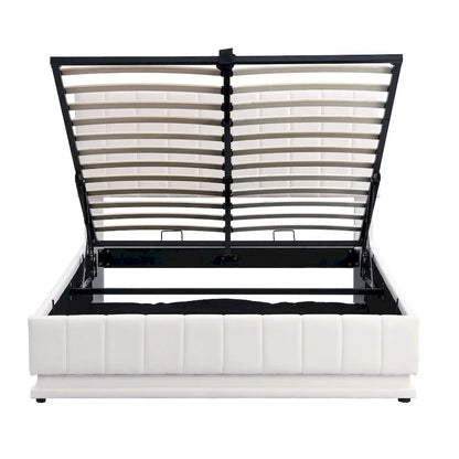 Lit plateforme relevable avec rangement intégré, lit bas revêtu de cuir PU avec télécommande, éclairage LED, prises et ports USB