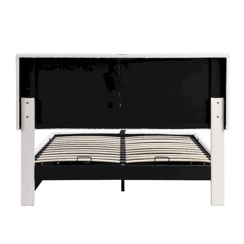 Lit plateforme relevable avec rangement intégré, lit bas revêtu de cuir PU avec télécommande, éclairage LED, prises et ports USB