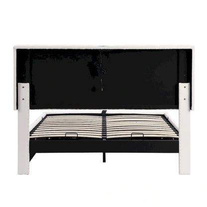 Lit plateforme relevable avec rangement intégré, lit bas revêtu de cuir PU avec télécommande, éclairage LED, prises et ports USB