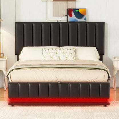 Lit plateforme relevable avec rangement intégré, lit bas revêtu de cuir PU avec télécommande, éclairage LED, prises et ports USB