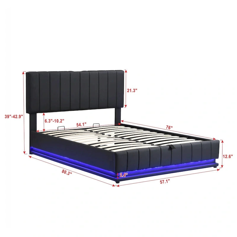 Lit plateforme relevable avec rangement intégré, lit bas revêtu de cuir PU avec télécommande, éclairage LED, prises et ports USB