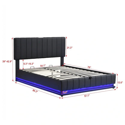 Lit plateforme relevable avec rangement intégré, lit bas revêtu de cuir PU avec télécommande, éclairage LED, prises et ports USB