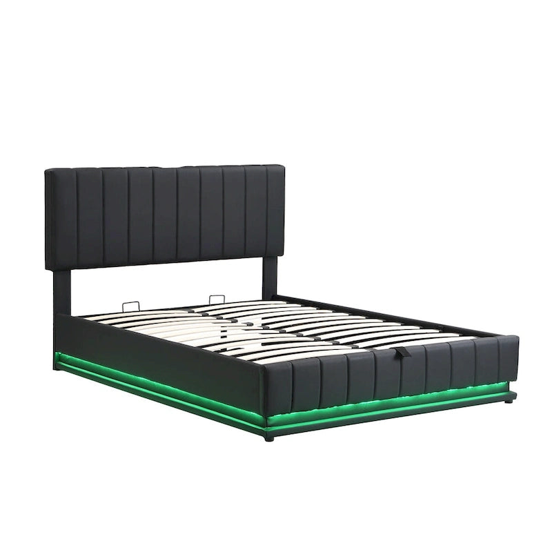 Lit plateforme relevable avec rangement intégré, lit bas revêtu de cuir PU avec télécommande, éclairage LED, prises et ports USB