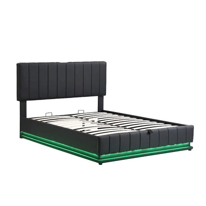 Lit plateforme relevable avec rangement intégré, lit bas revêtu de cuir PU avec télécommande, éclairage LED, prises et ports USB