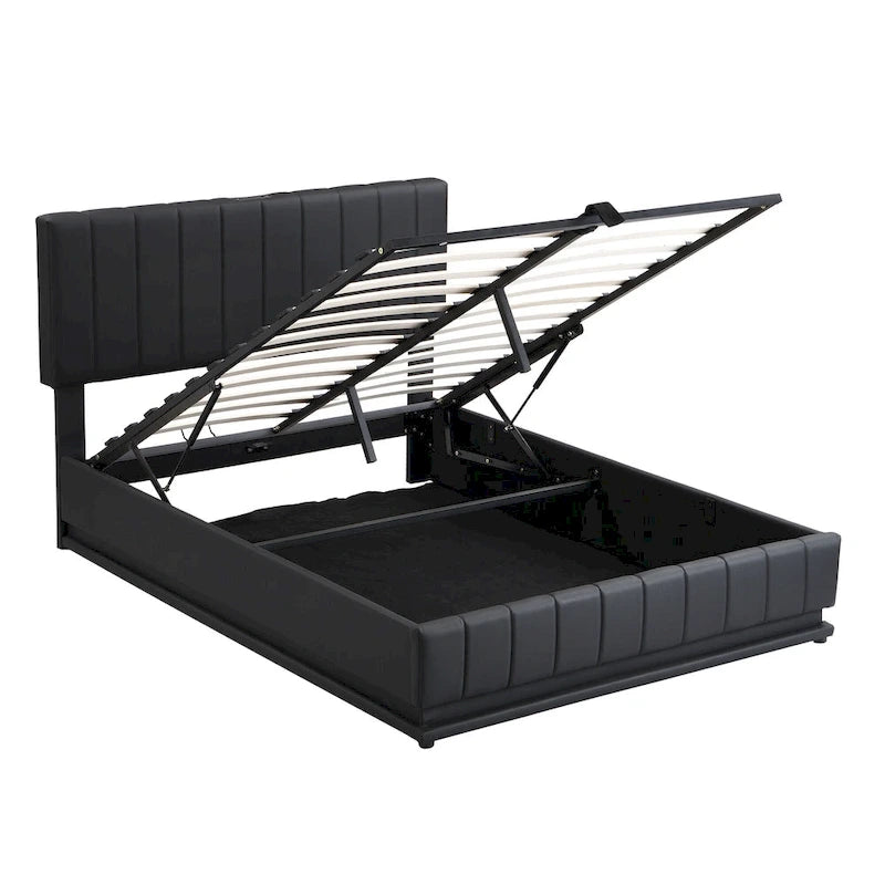 Lit plateforme relevable avec rangement intégré, lit bas revêtu de cuir PU avec télécommande, éclairage LED, prises et ports USB