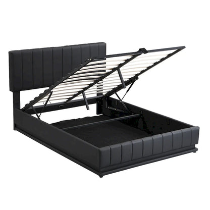Lit plateforme relevable avec rangement intégré, lit bas revêtu de cuir PU avec télécommande, éclairage LED, prises et ports USB