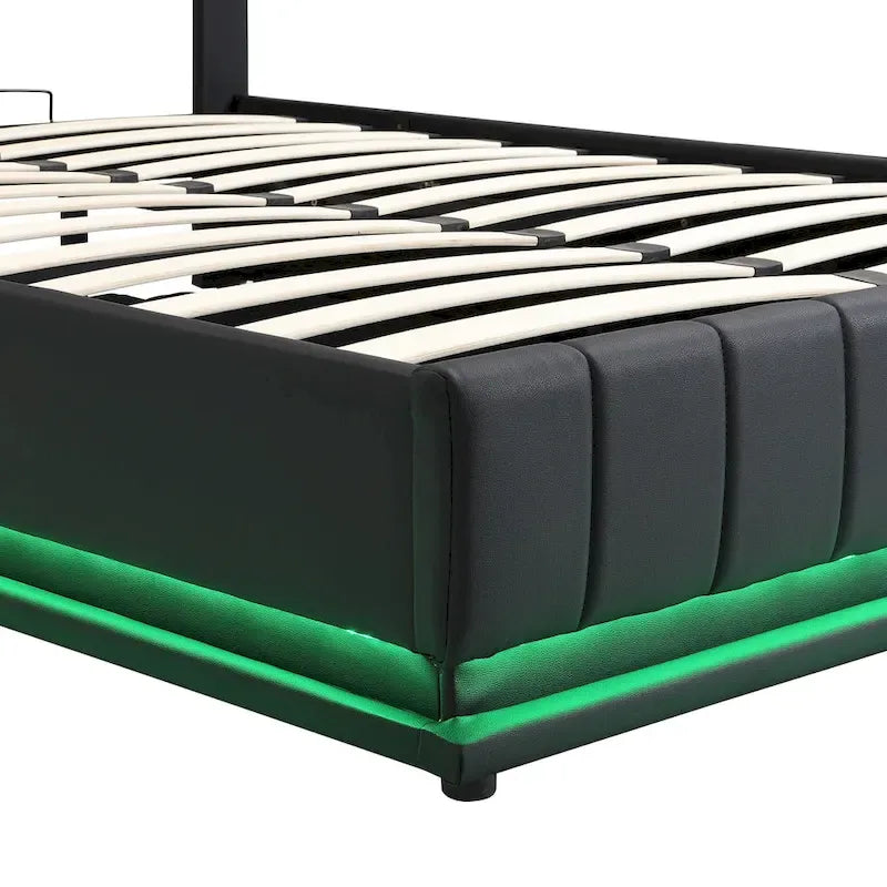 Lit plateforme relevable avec rangement intégré, lit bas revêtu de cuir PU avec télécommande, éclairage LED, prises et ports USB