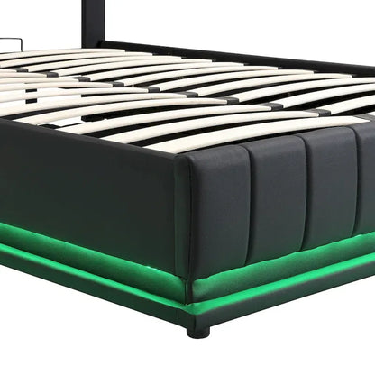 Lit plateforme relevable avec rangement intégré, lit bas revêtu de cuir PU avec télécommande, éclairage LED, prises et ports USB