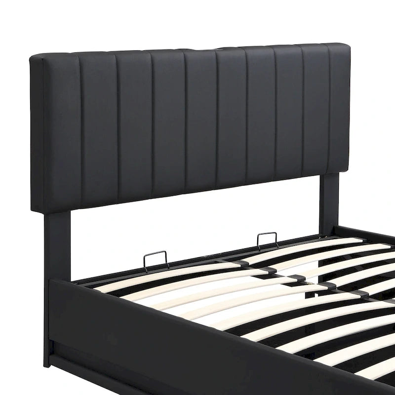 Lit plateforme relevable avec rangement intégré, lit bas revêtu de cuir PU avec télécommande, éclairage LED, prises et ports USB