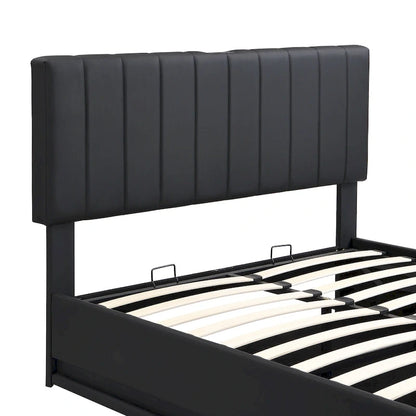 Lit plateforme relevable avec rangement intégré, lit bas revêtu de cuir PU avec télécommande, éclairage LED, prises et ports USB
