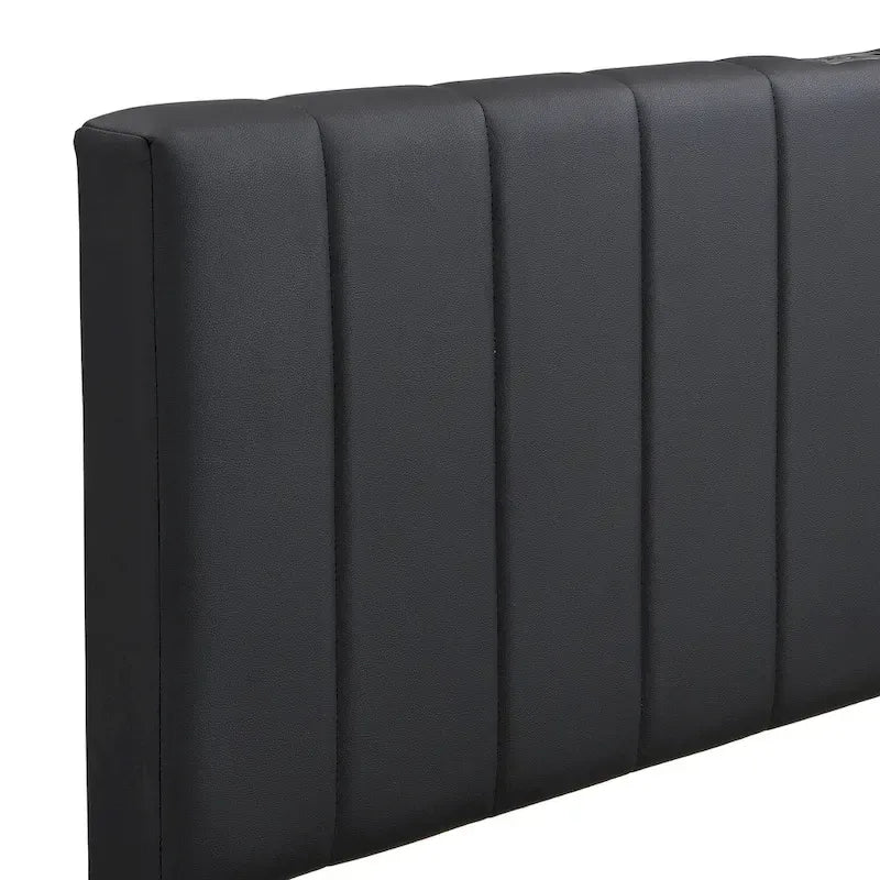 Lit plateforme relevable avec rangement intégré, lit bas revêtu de cuir PU avec télécommande, éclairage LED, prises et ports USB